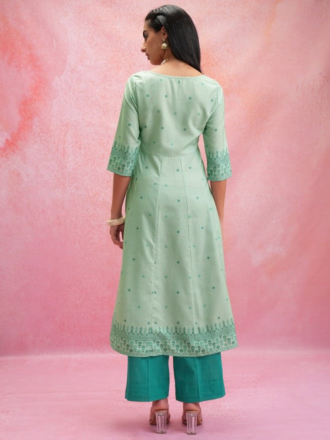 Vishudh Women Anarkali Green Anarkali Printed Kurta - Green - Image 3