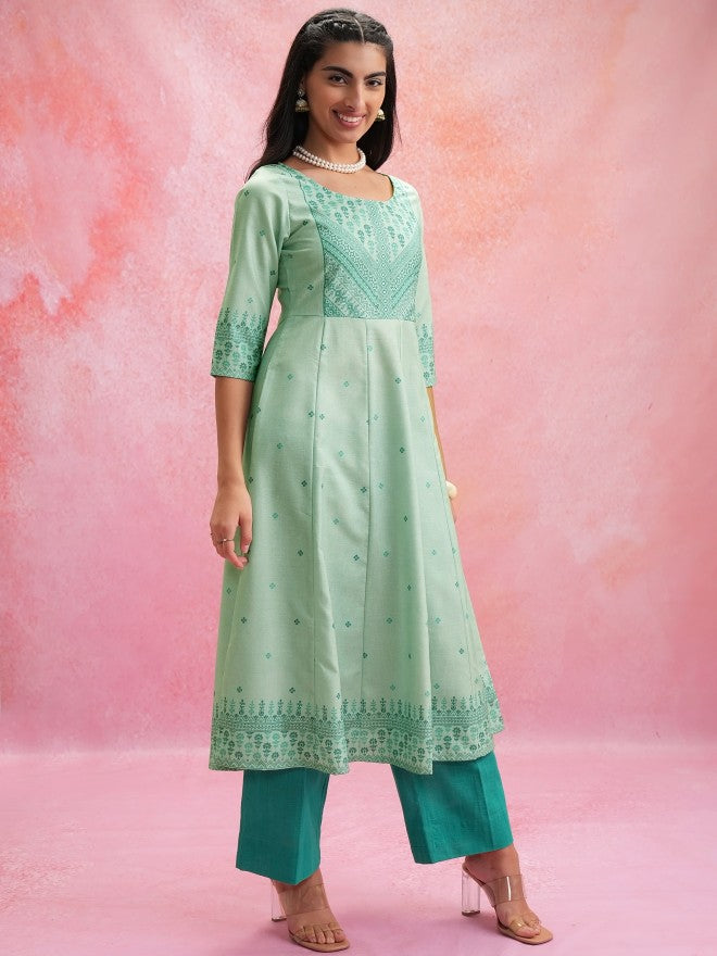Vishudh Women Anarkali Green Anarkali Printed Kurta - Green - Image 4