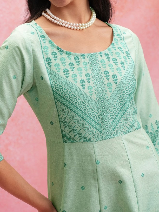 Vishudh Women Anarkali Green Anarkali Printed Kurta - Green - Image 5