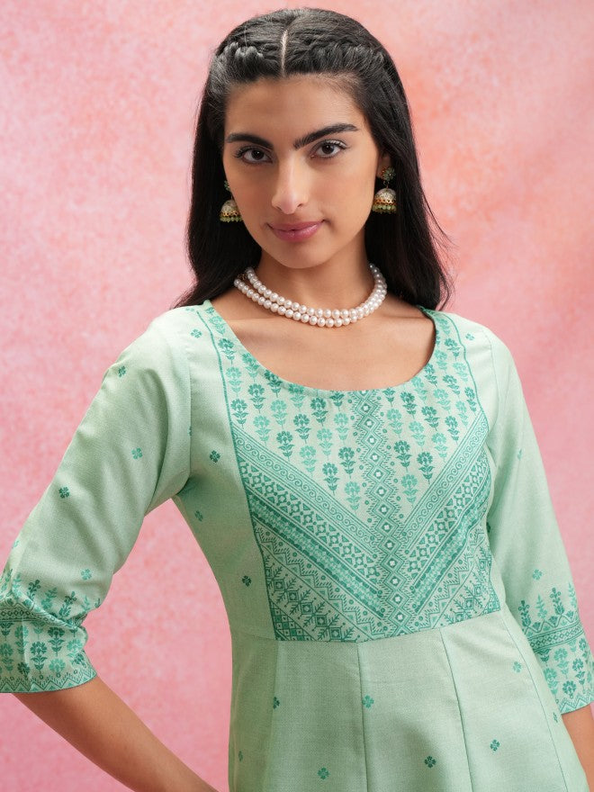 Vishudh Women Anarkali Green Anarkali Printed Kurta - Green - Image 6