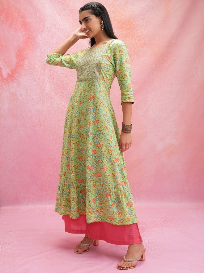 Vishudh Women Anarkali Green Anarkali Printed Kurta - Green - Image 2