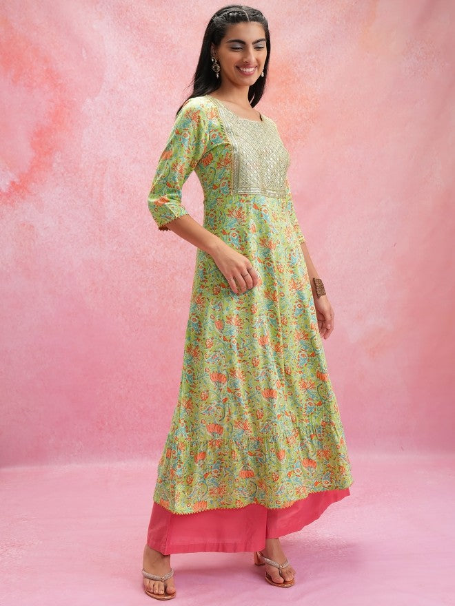 Vishudh Women Anarkali Green Anarkali Printed Kurta - Green - Image 4