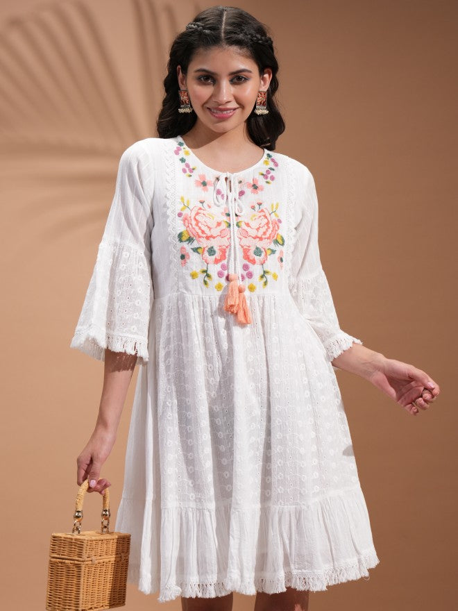 Vishudh Women Pure Viscose Chinon Ethnic Motif Print In Multicolor A-Line Kurta Hand Embroidery With Bead And Sequin Tie Up Tassels At Waist Kurta Set - White - Image 1