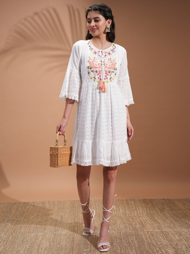 Vishudh Women Pure Viscose Chinon Ethnic Motif Print In Multicolor A-Line Kurta Hand Embroidery With Bead And Sequin Tie Up Tassels At Waist Kurta Set - White - Image 2