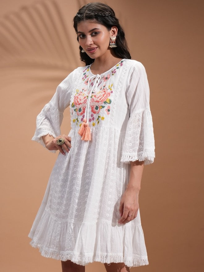 Vishudh Women Pure Viscose Chinon Ethnic Motif Print In Multicolor A-Line Kurta Hand Embroidery With Bead And Sequin Tie Up Tassels At Waist Kurta Set - White - Image 4