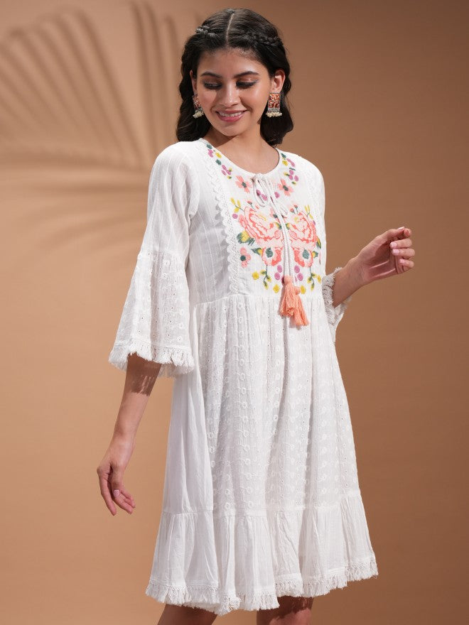 Vishudh Women Pure Viscose Chinon Ethnic Motif Print In Multicolor A-Line Kurta Hand Embroidery With Bead And Sequin Tie Up Tassels At Waist Kurta Set - White - Image 6