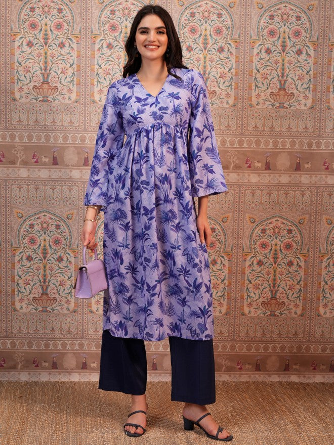 Vishudh Women Lavender Printed A-Line Kurta - Lavender - Image 1