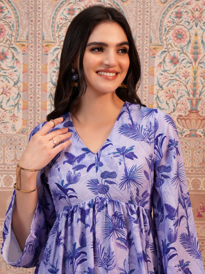 Vishudh Women Lavender Printed A-Line Kurta - Lavender - Image 2