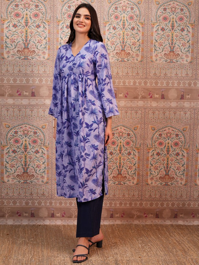 Vishudh Women Lavender Printed A-Line Kurta - Lavender - Image 4