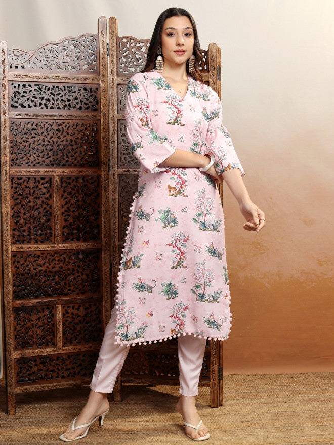 Vishudh Women Pink Printed Straight Kurta - Pink - Image 2