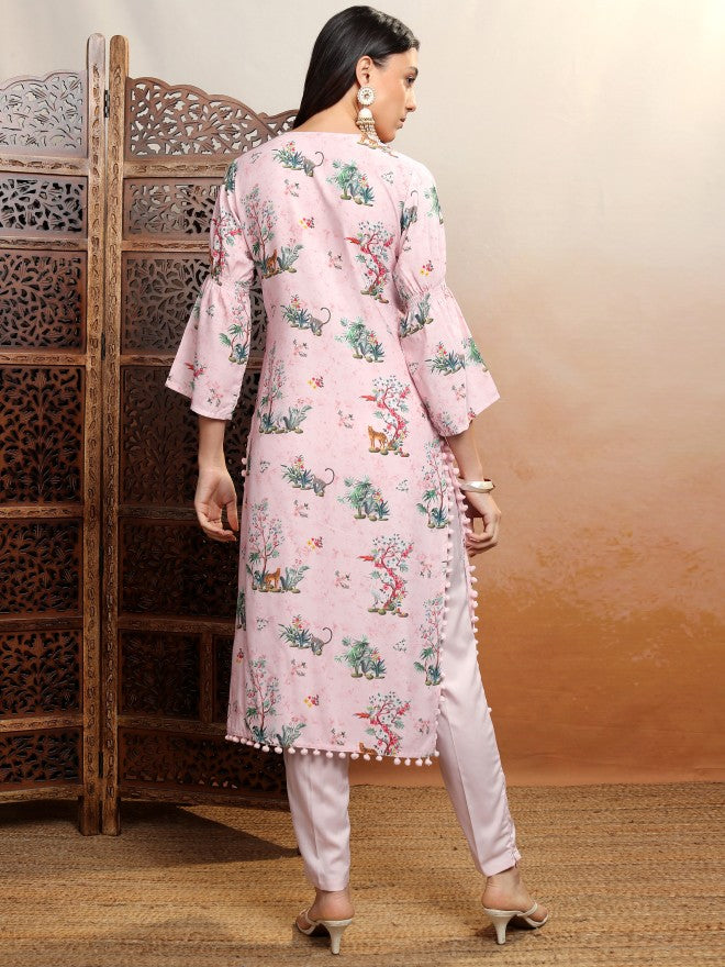 Vishudh Women Pink Printed Straight Kurta - Pink - Image 3