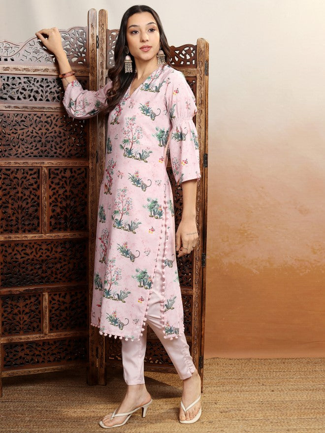 Vishudh Women Pink Printed Straight Kurta - Pink - Image 4