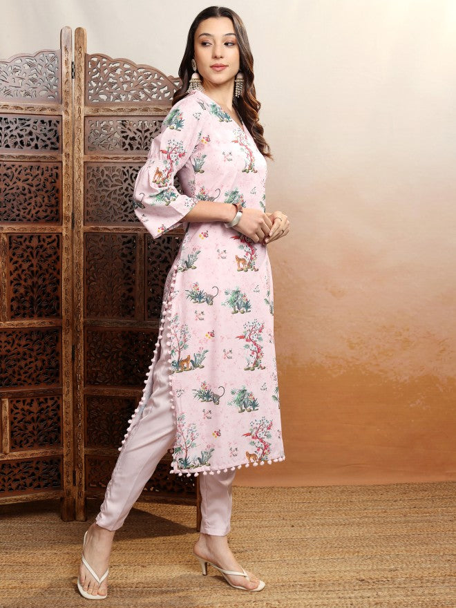 Vishudh Women Pink Printed Straight Kurta - Pink - Image 6