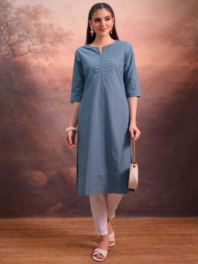 Vishudh Women Blue Woven Design Straight Kurta - Blue - Image 1