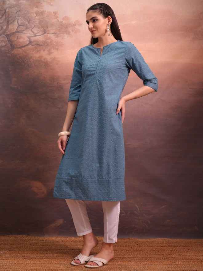 Vishudh Women Blue Woven Design Straight Kurta - Blue - Image 2