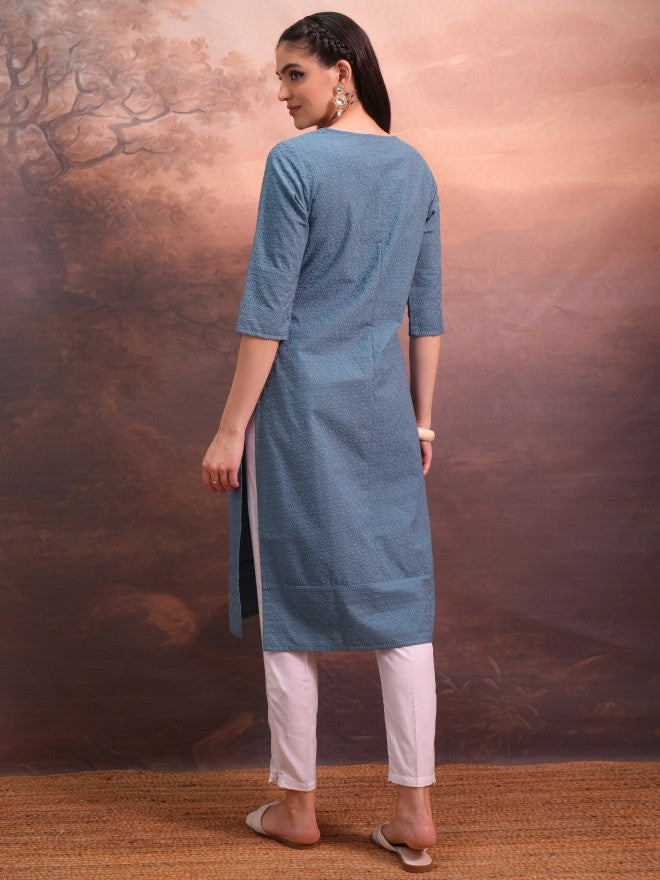 Vishudh Women Blue Woven Design Straight Kurta - Blue - Image 3