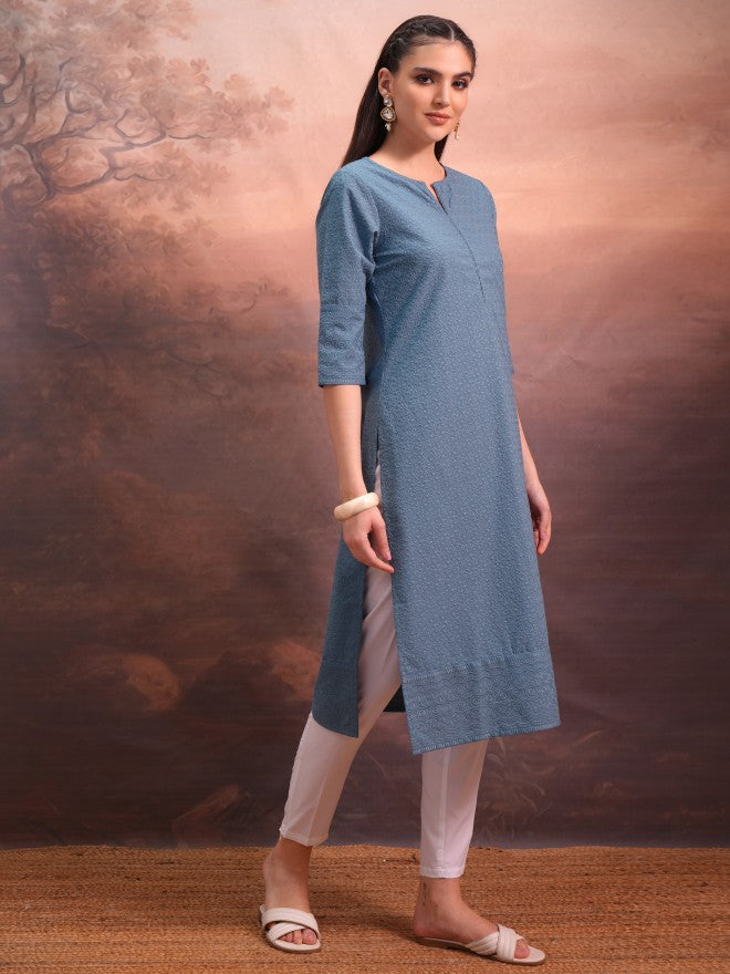 Vishudh Women Blue Woven Design Straight Kurta - Blue - Image 4