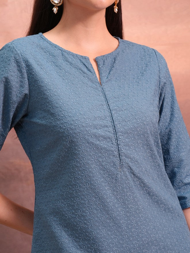 Vishudh Women Blue Woven Design Straight Kurta - Blue - Image 5