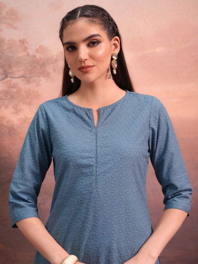 Vishudh Women Blue Woven Design Straight Kurta - Blue - Image 6