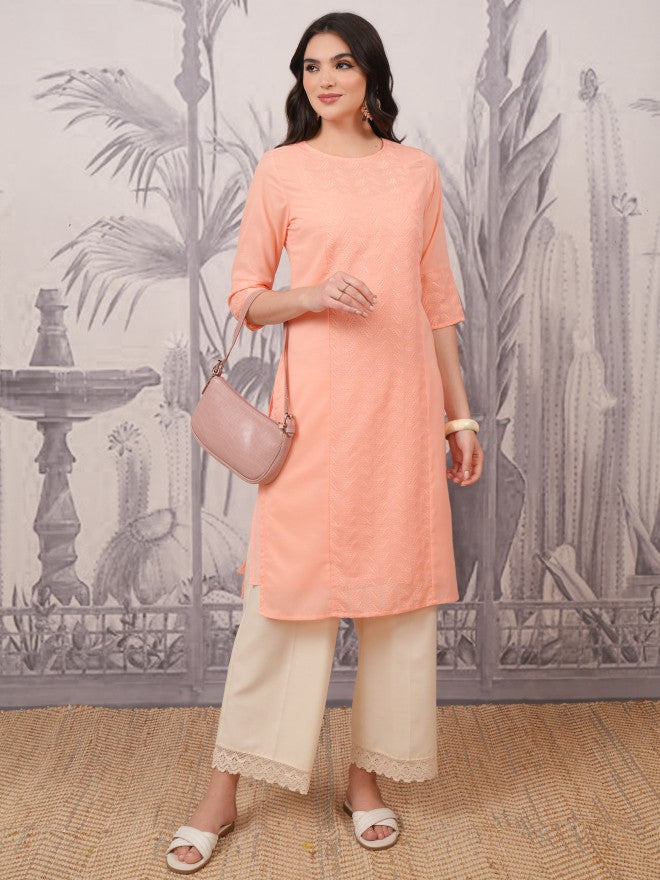 Vishudh Women Peach Embroidered Straight Kurta - Peach - Image 1