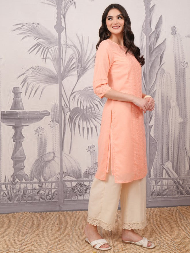 Vishudh Women Peach Embroidered Straight Kurta - Peach - Image 2