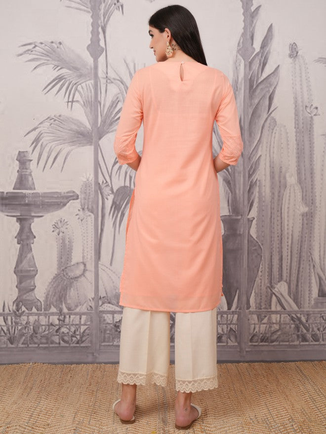 Vishudh Women Peach Embroidered Straight Kurta - Peach - Image 3