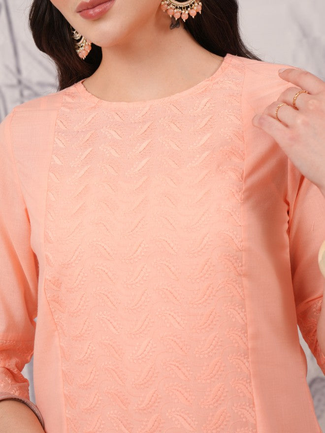 Vishudh Women Peach Embroidered Straight Kurta - Peach - Image 5