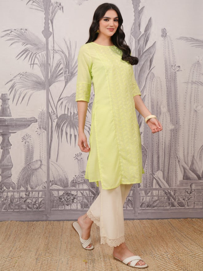 Vishudh Women Green Embroidered Straight Kurta - Green - Image 2