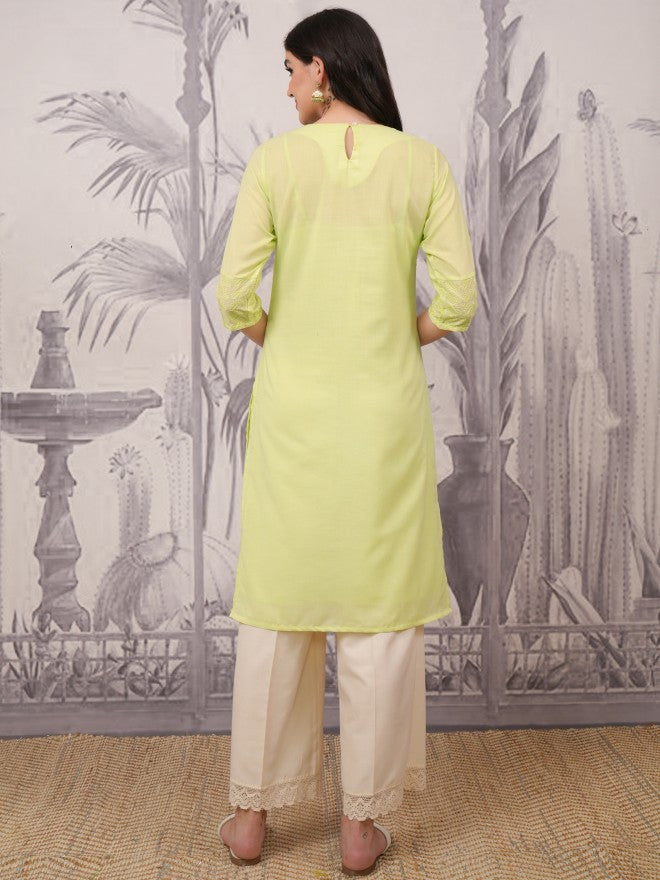 Vishudh Women Green Embroidered Straight Kurta - Green - Image 3