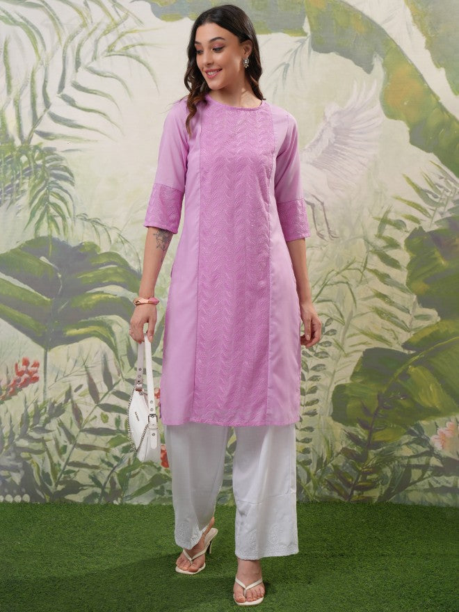 Vishudh Women Lavender Embroidered Straight Kurta - Lavender - Image 1