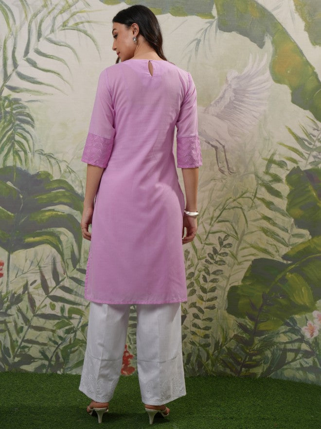 Vishudh Women Lavender Embroidered Straight Kurta - Lavender - Image 3
