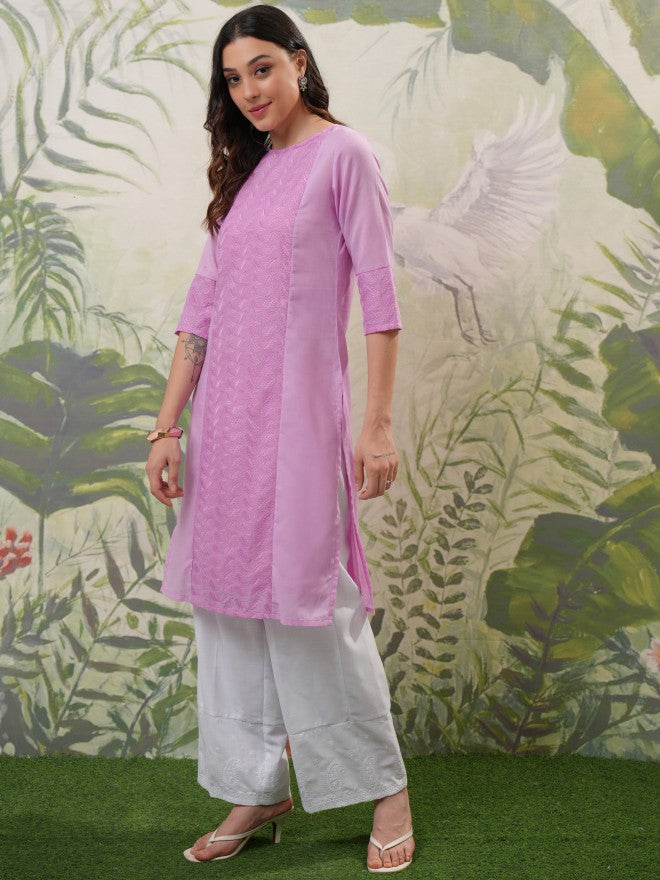 Vishudh Women Lavender Embroidered Straight Kurta - Lavender - Image 4