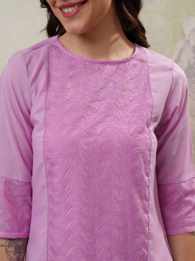 Vishudh Women Lavender Embroidered Straight Kurta - Lavender - Image 5