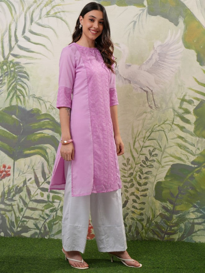 Vishudh Women Lavender Embroidered Straight Kurta - Lavender - Image 6