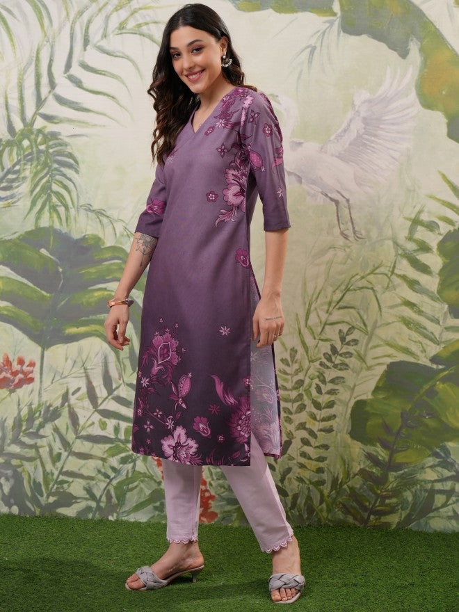 Vishudh Women Pink Printed Straight Kurta - Pink - Image 2