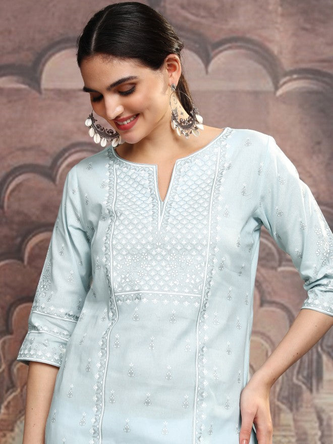 Vishudh Women Blue Embroidered Straight Kurta - Blue - Image 1