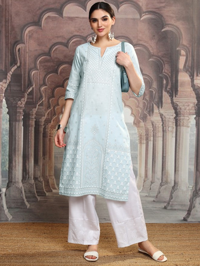 Vishudh Women Blue Embroidered Straight Kurta - Blue - Image 2
