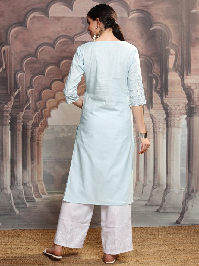 Vishudh Women Blue Embroidered Straight Kurta - Blue - Image 3