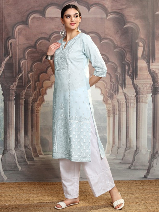 Vishudh Women Blue Embroidered Straight Kurta - Blue - Image 4