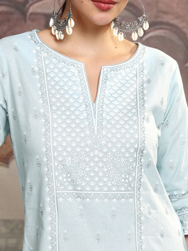 Vishudh Women Blue Embroidered Straight Kurta - Blue - Image 5