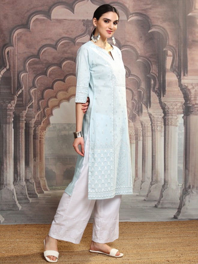 Vishudh Women Blue Embroidered Straight Kurta - Blue - Image 6