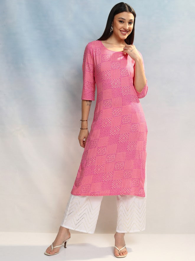 Vishudh Women Pink Printed Straight Kurta - Pink - Image 2