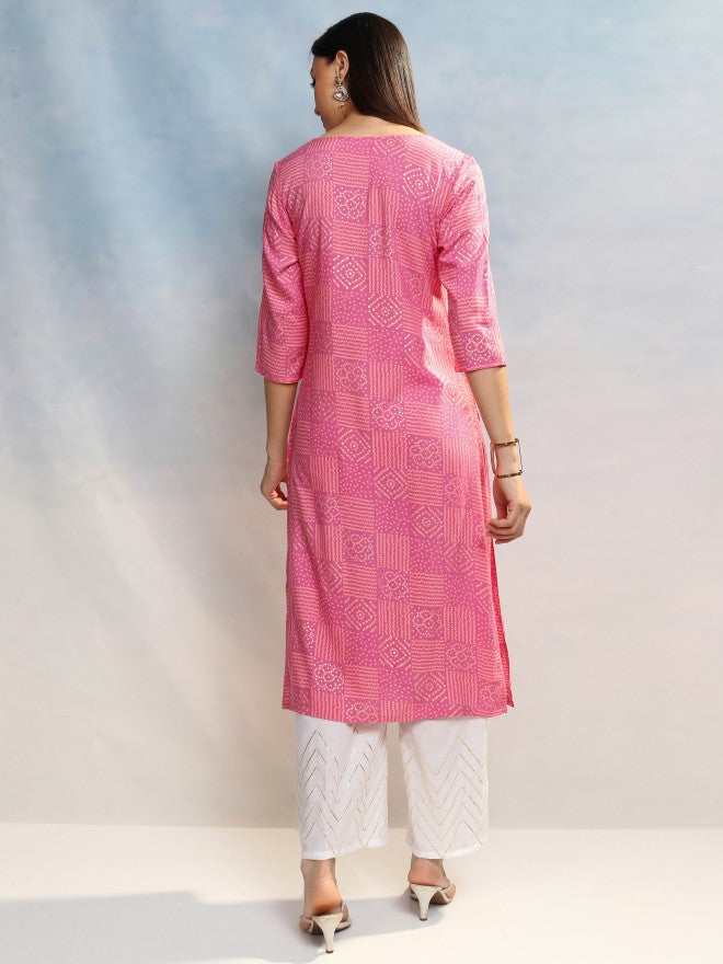 Vishudh Women Pink Printed Straight Kurta - Pink - Image 3
