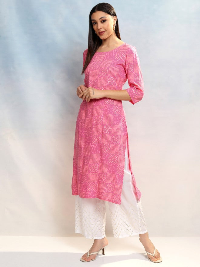 Vishudh Women Pink Printed Straight Kurta - Pink - Image 4