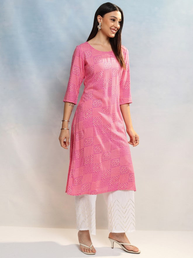 Vishudh Women Pink Printed Straight Kurta - Pink - Image 6