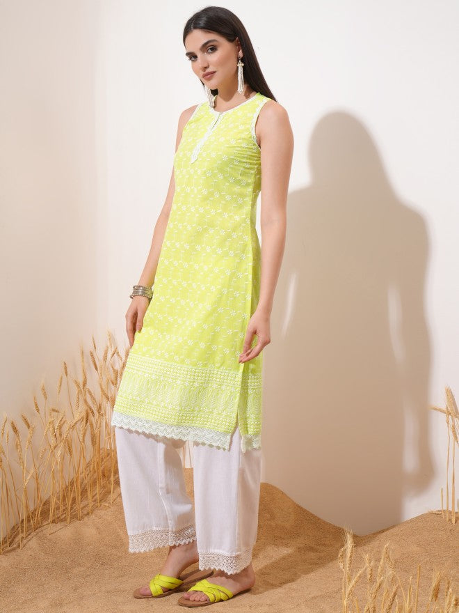 Vishudh Women Green Embroidered Straight Kurta - Green - Image 2