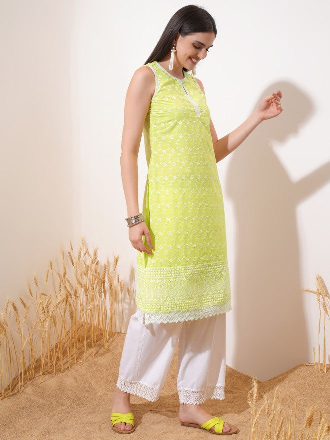 Vishudh Women Green Embroidered Straight Kurta - Green - Image 4