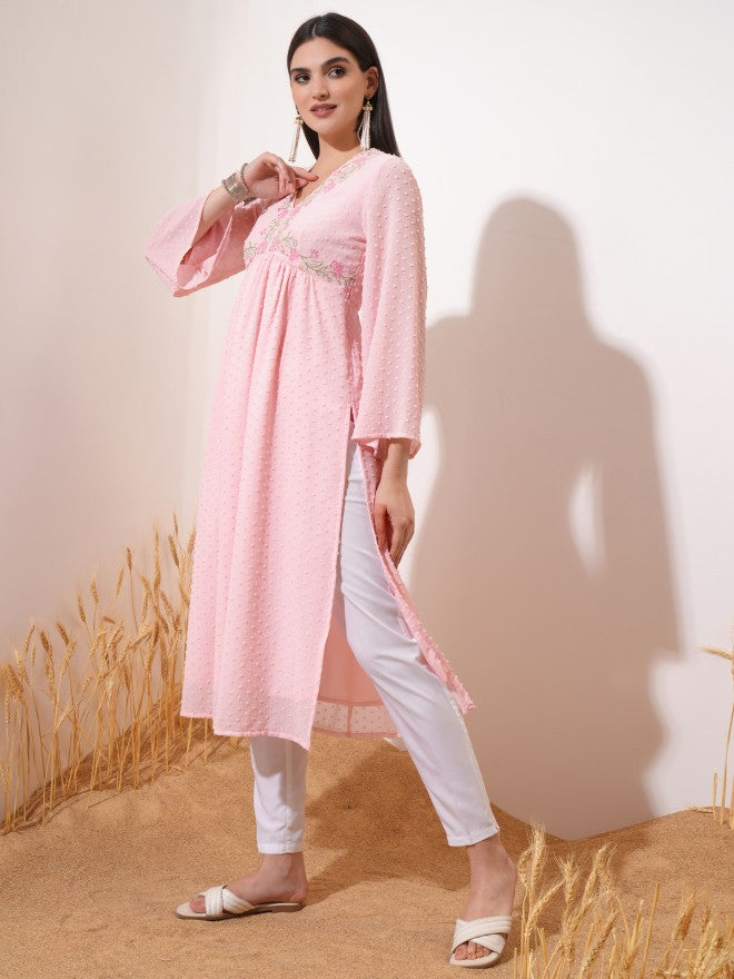 Vishudh Women Pink Embroidered A-Line Kurta - Pink - Image 2
