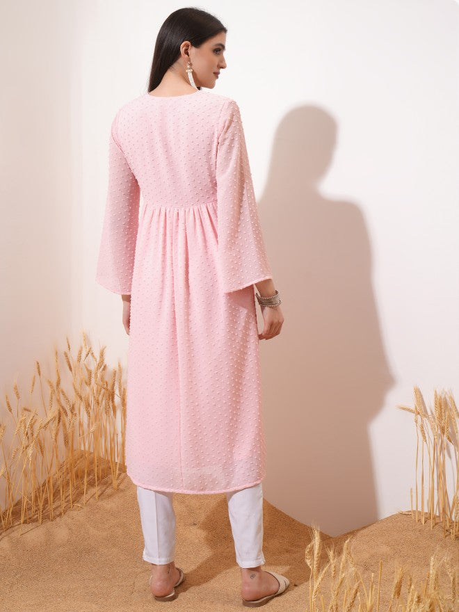 Vishudh Women Pink Embroidered A-Line Kurta - Pink - Image 3
