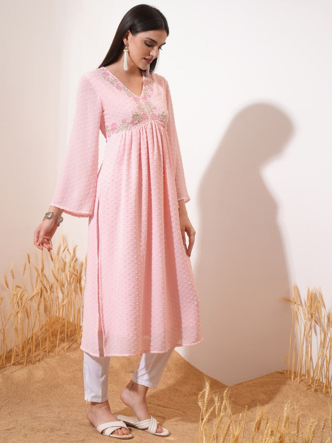 Vishudh Women Pink Embroidered A-Line Kurta - Pink - Image 4